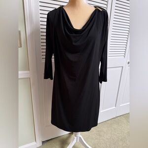 Michael Kors gold zippered shoulders black cowl neck 3/4 sleeve shift dress Sz L